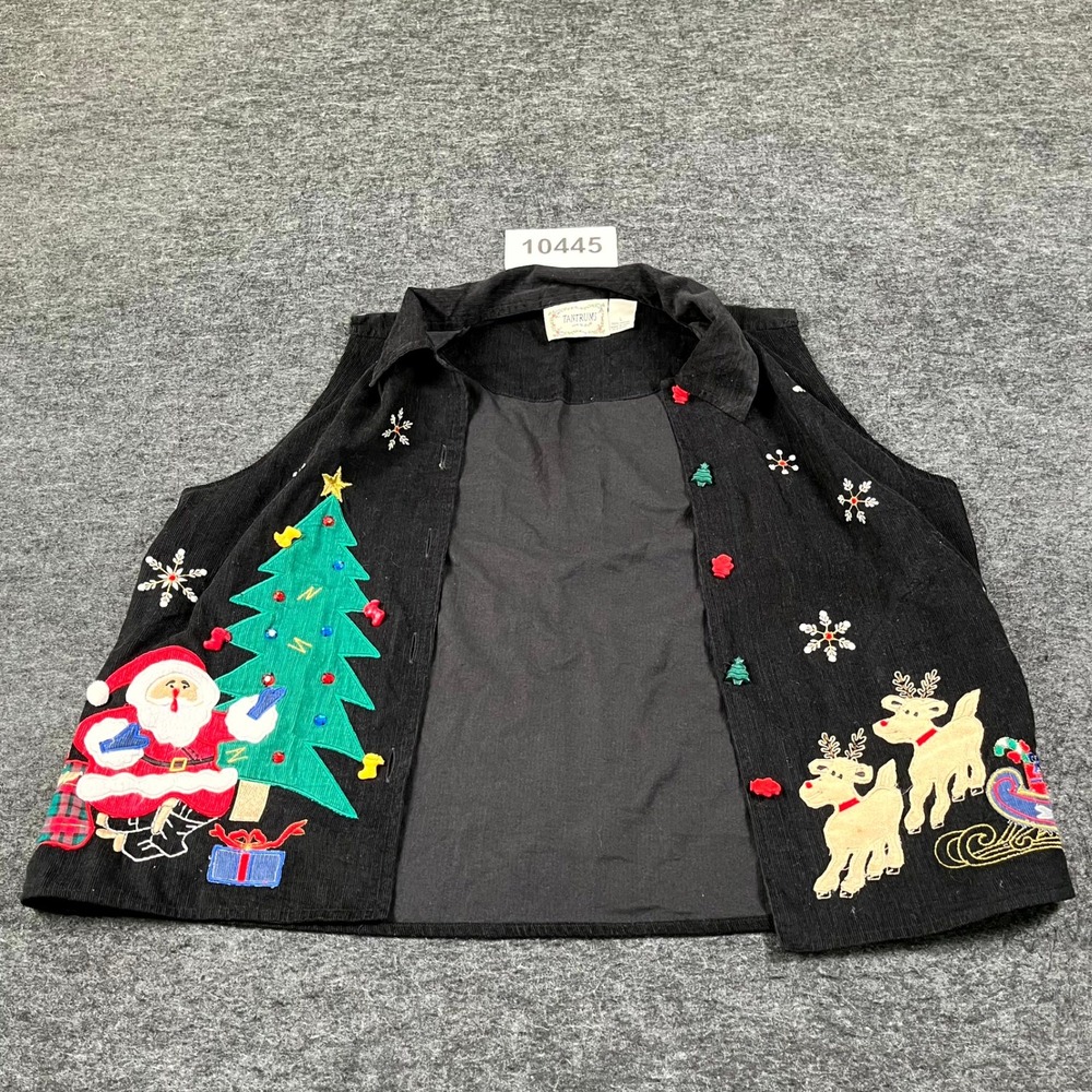 Tantrums Christmas Vest Women Large Black Cotton Embroidered Santa Tree Reindeer